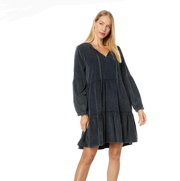 Sundance Dylan Boho Sage Green, Long Sleeved, Tiered Skirt Corduroy Mini Dress - Picture 14 of 14